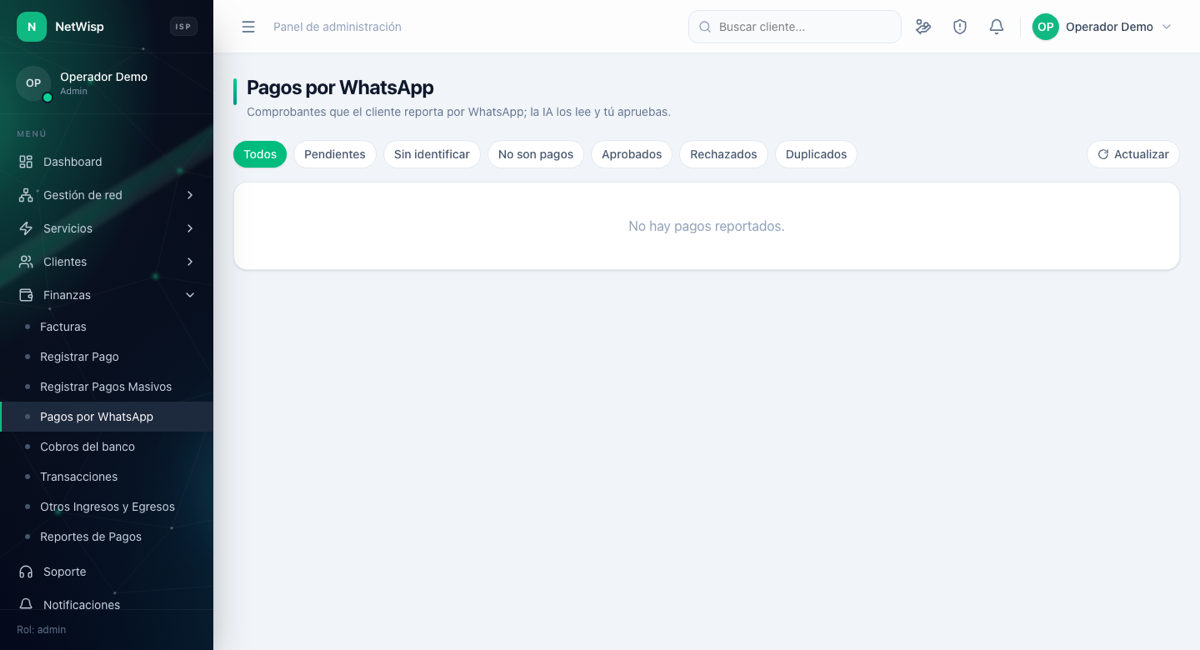 Los pagos que los abonados reportan por WhatsApp, esperando tu aprobación.